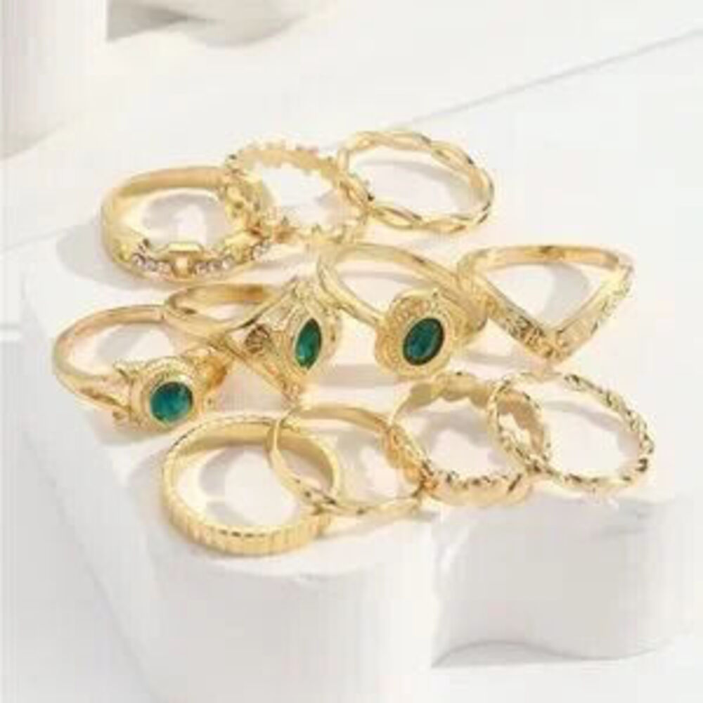 Gold and Green Midi 11pc Ring Set